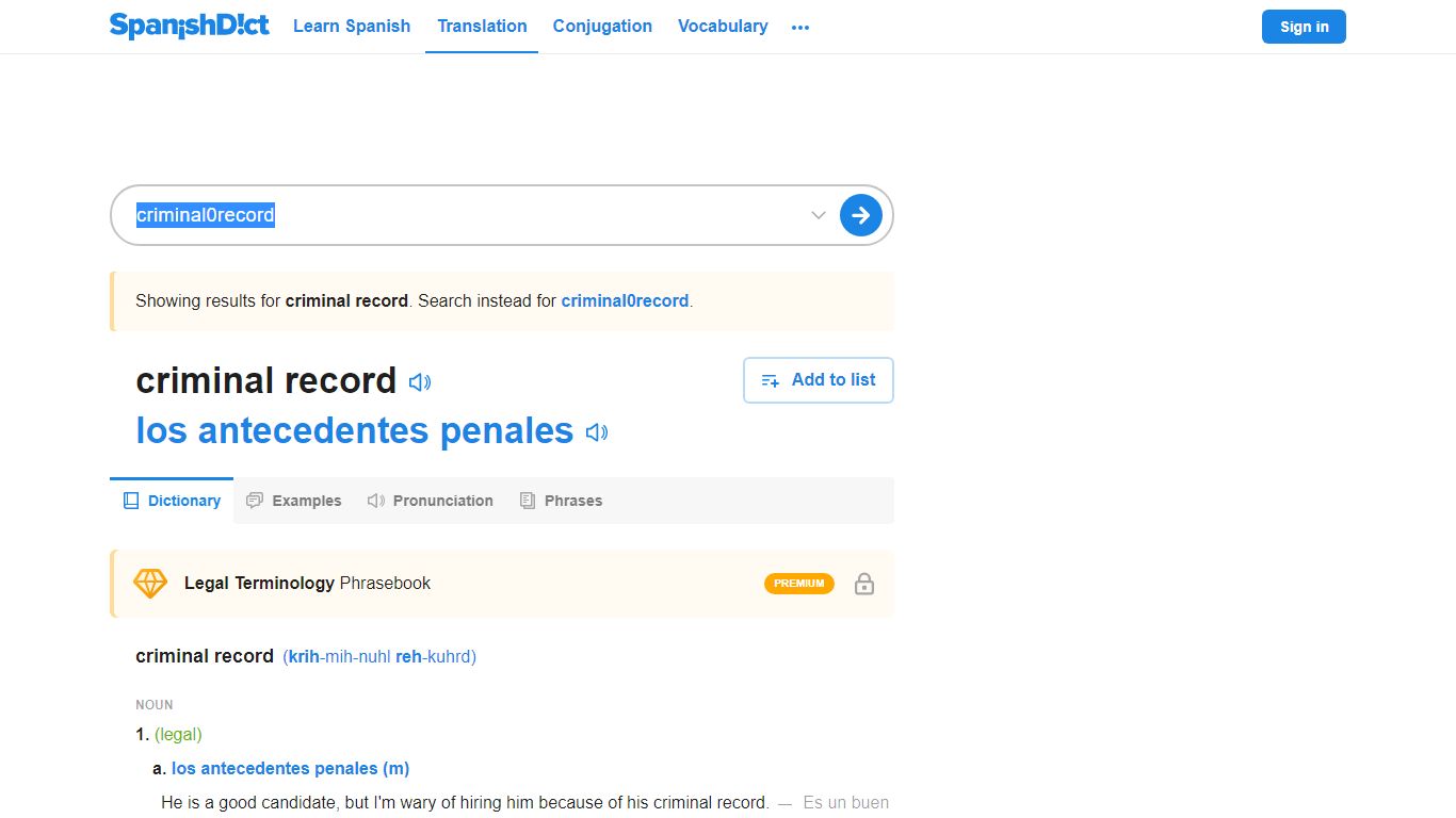 Criminal record in Spanish | English to Spanish Translation - SpanishDict