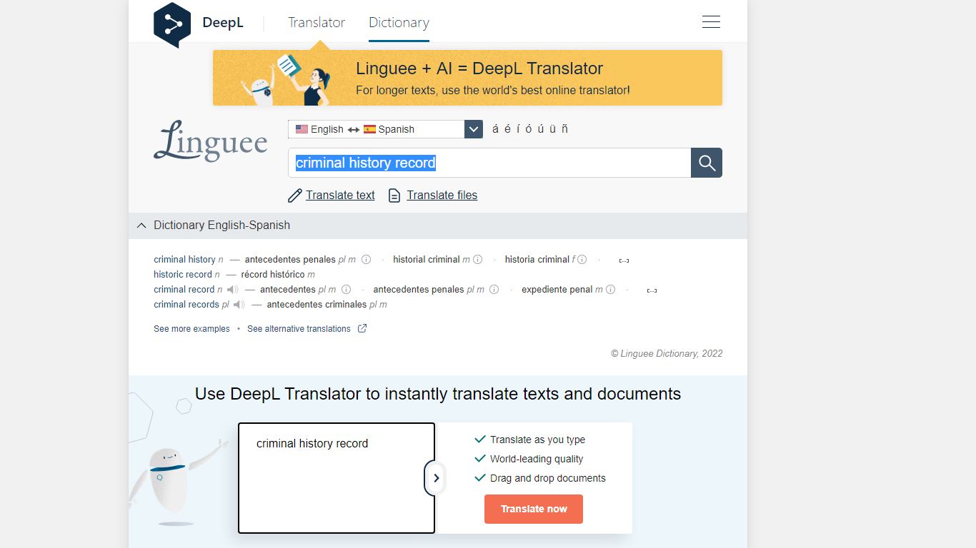 criminal history record - Spanish translation – Linguee